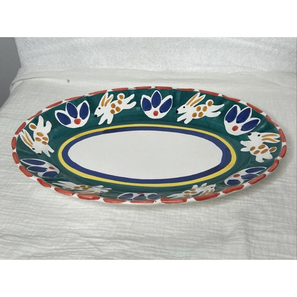 Pottery Barn Platter Mexican Folk Art Garden Animal Easter Bunny Rabbit Cottage